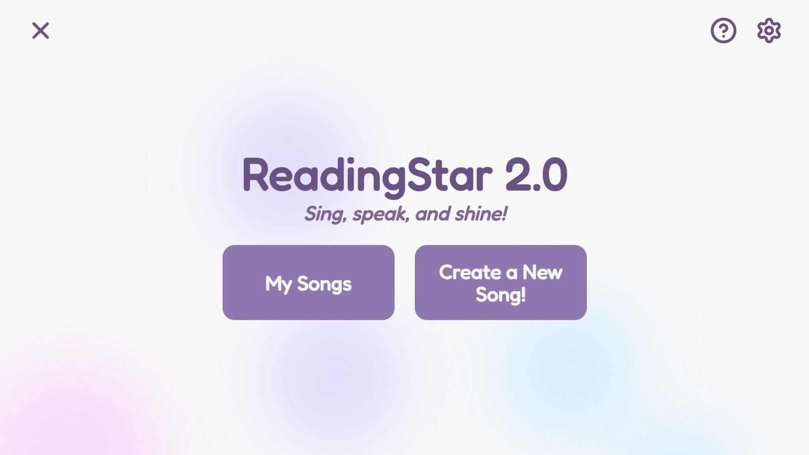 ReadingStar 2.0 home screen with My Songs and Create a New Song buttons