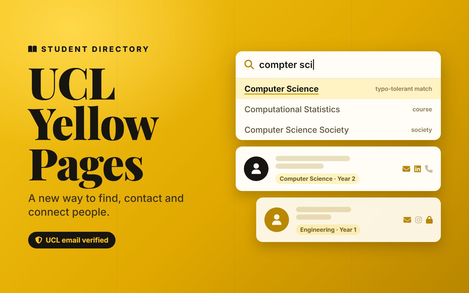 UCL Yellow Pages: a typo-tolerant student search above profile cards with privacy controls